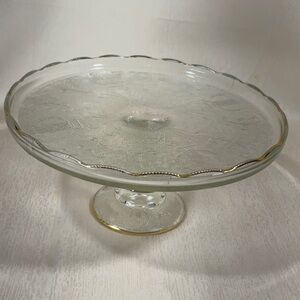 50’s Depression Pedestal Glass Cake Stand, Harp Pattern, Mid Century